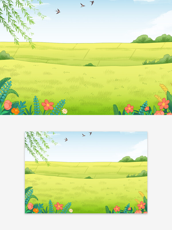 春日清新田园风光蓝天白云绿色草地插画