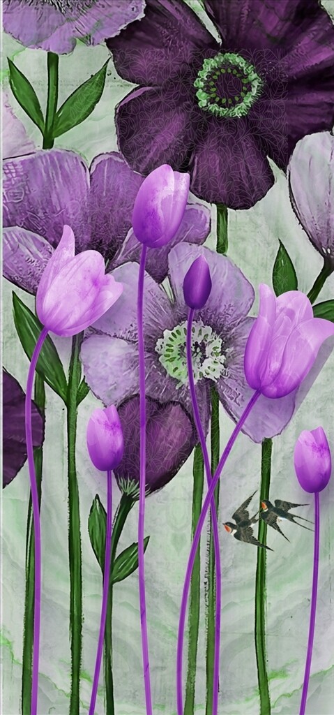 唯美紫色花卉大理石玄关过道壁画