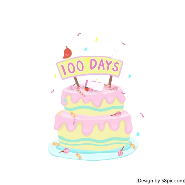 蛋糕百日宴100天粉色卡通清新甜美手绘风
