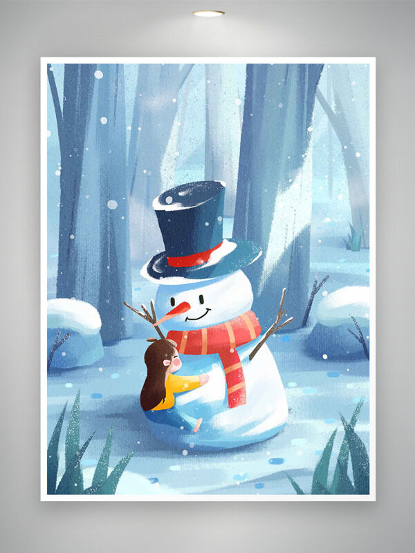 极简冬日户外浪漫雪景可爱雪人卡通女生插画
