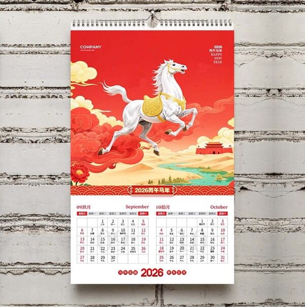 红色白色祥云白色骏马新年九月十月秋季日历