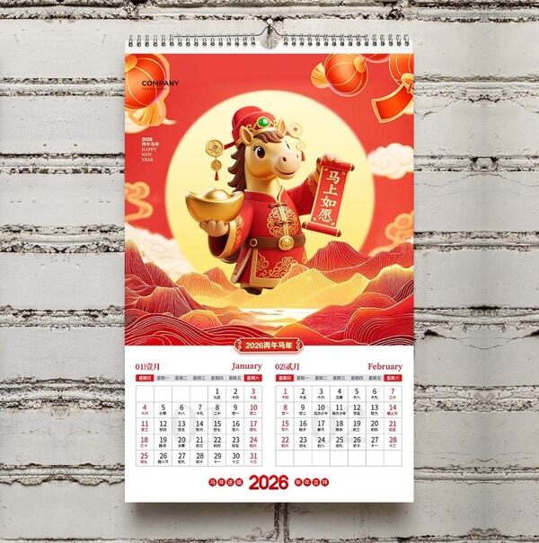 手绘卡通金马送元宝马上如愿一月二月红色挂历