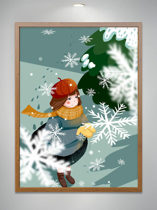 清新唯美雪景雪花纷飞卡通女生插画