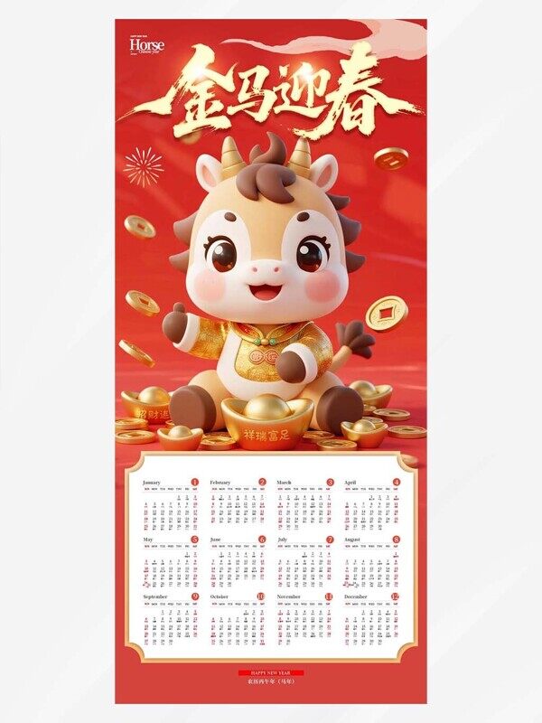 卡通手绘撒钱金马2026年12月份的整张挂历红色喜庆