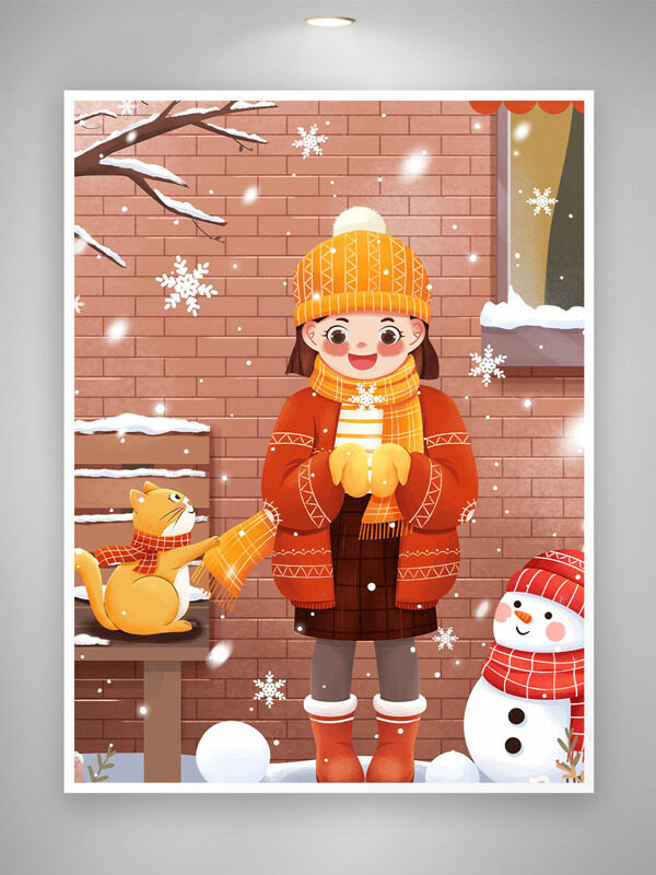 可爱卡通女生雪人雪花飘飘主题插画