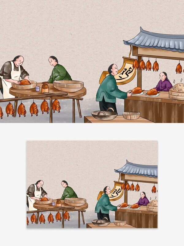 古代长辫子男人在摊位做烤鸡美食手绘插画