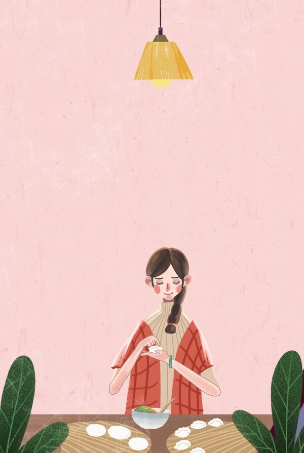 新年包饺子的女孩家居插画海报