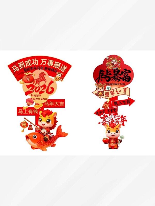 马到成功万事顺遂2026新年暴富卡通小马指示牌美陈