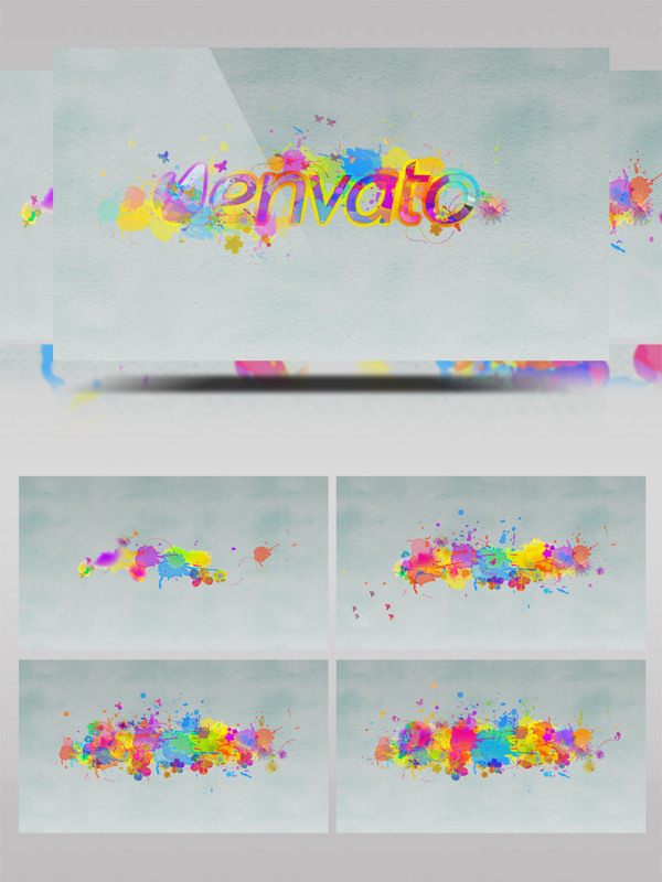 斑斓的油漆颜料中彩色蝴蝶飞出logo揭示ae模板
