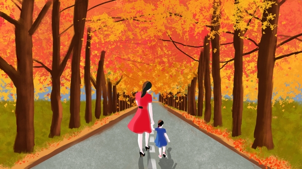 秋天树林散步手绘叙述性插画