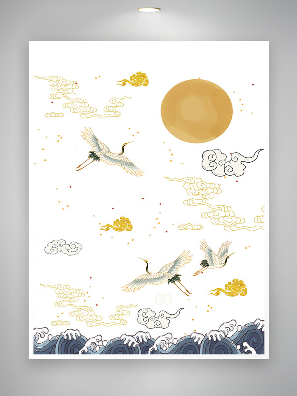 仙鹤追日水墨东方古典意境插画