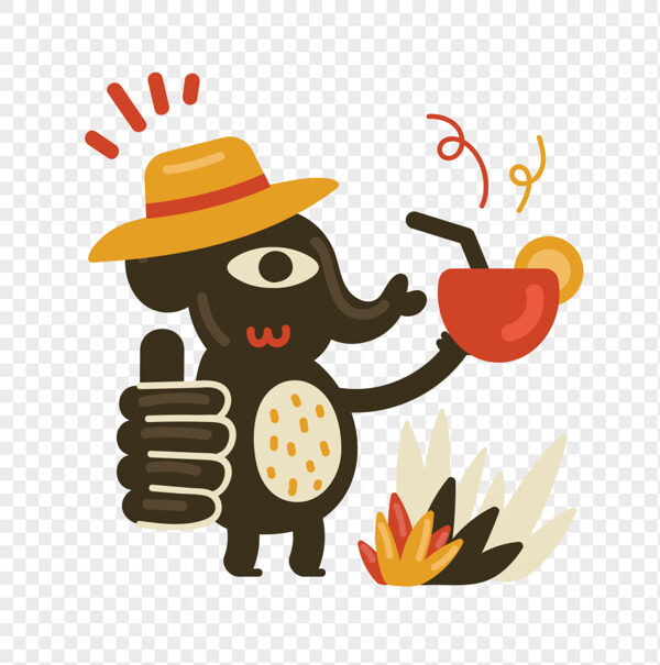 手绘卡通戴帽子黑大象喝果汁味道好竖大拇指插画