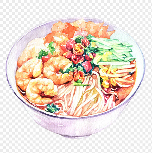 手绘大虾海鲜黄瓜豆芽日式干拌面免抠美食元素