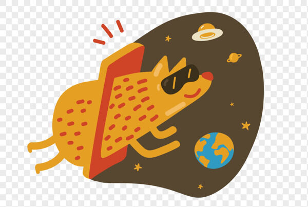 手绘黄色小老鼠穿过手机冲向世界宇宙插画