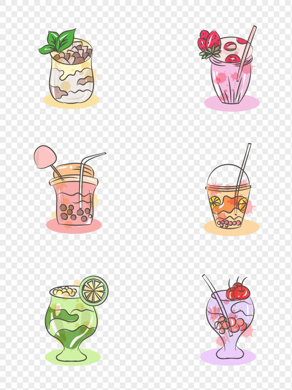 手绘薄荷珍珠奶茶草莓荔枝棉花糖柠檬奶茶杯免抠图