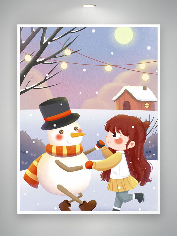 趣味卡通小女孩堆雪人创意雪景插画