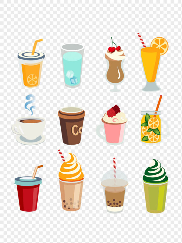 手绘奶茶饮料果汁咖啡抹茶冰淇淋珍珠免抠饮品