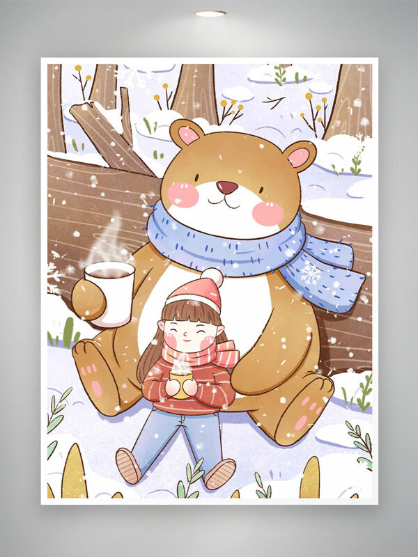 唯美冬日卡通小熊女生手拿咖啡创意插画
