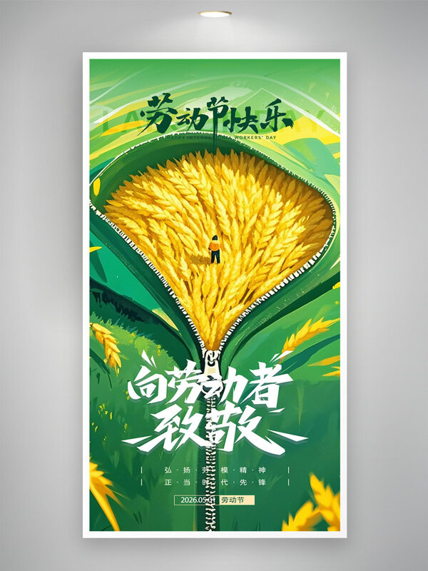 绿色主题小麦插画五一劳动节海报