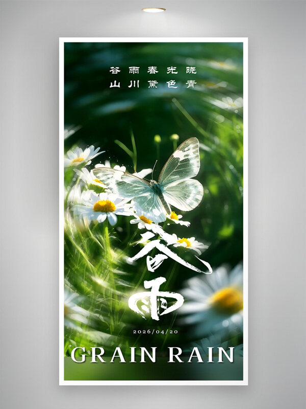 唯美光晕清新简约谷雨节气海报