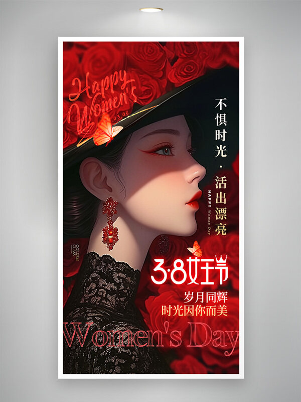 红色复古风格女王节妇女节海报
