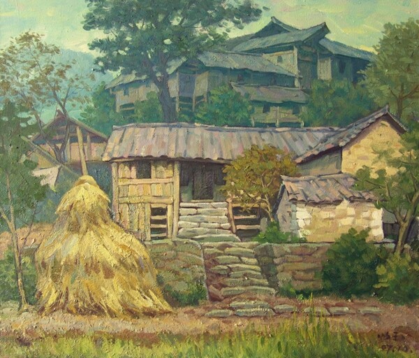 甯冭鏉戣惤风景建筑田园植物水景田园印象画派写实主义油画装饰画