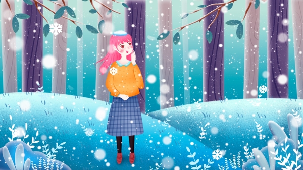森林女孩小雪节气插画