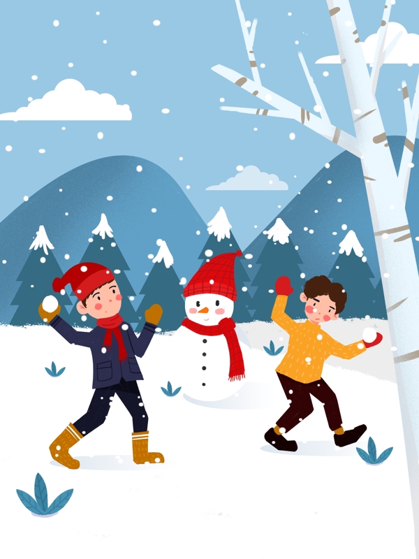 冬季两男孩在树林中打雪仗插画