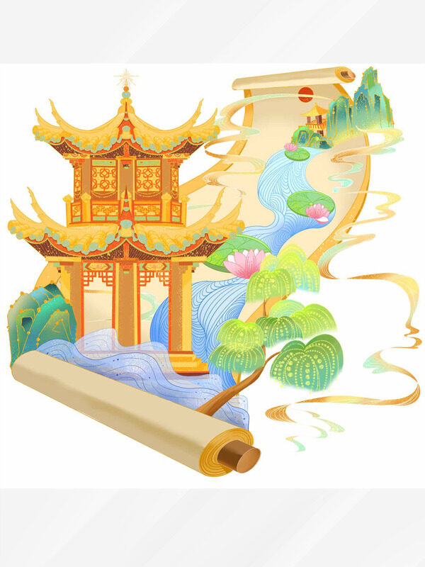 古风大气手绘古建筑春日场景创意卷轴设计