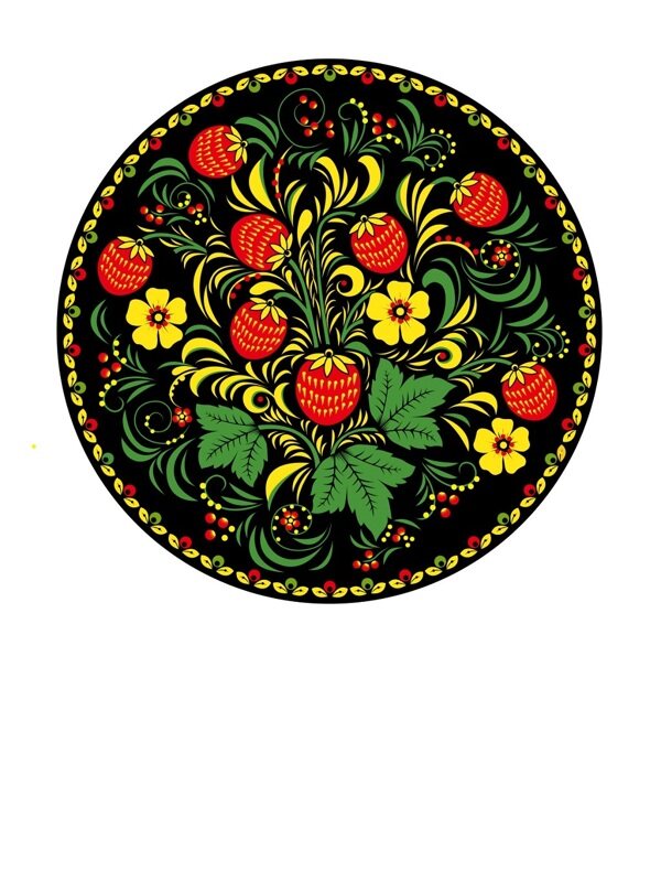 传统 欧式俄式 圆形花卉图案背景贴图黑底荔枝纹绿叶