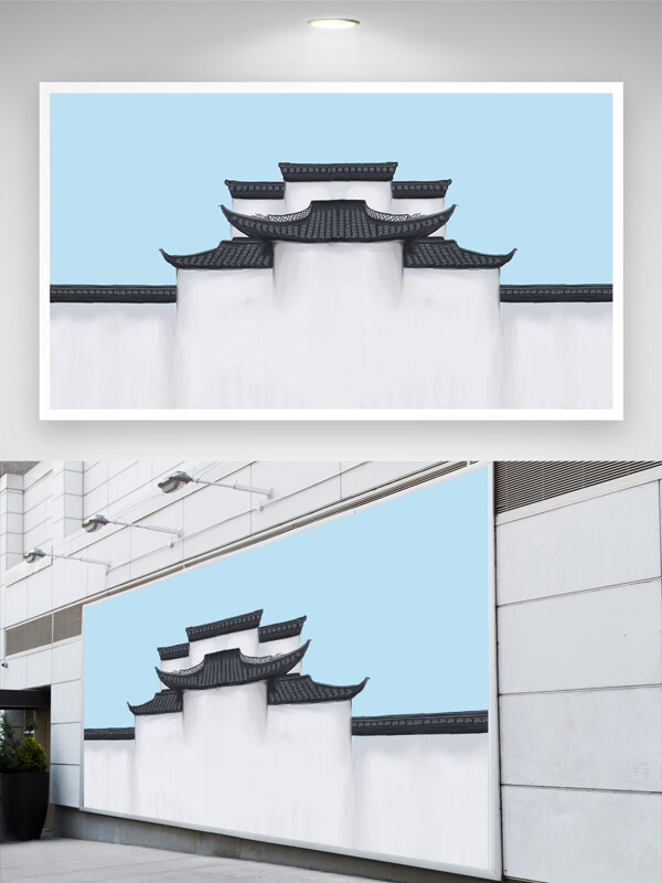 中式建筑插画背景 