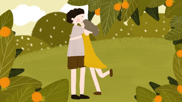 绿色情人节情侣拥抱小森林甜蜜原创手绘插画