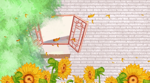手绘可爱墙外向日葵插画背景