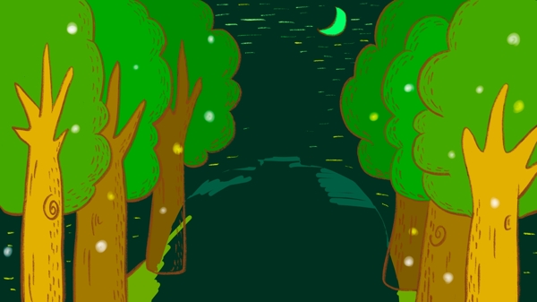清新彩绘树林小路夜晚背景设计