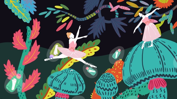 治愈梦幻芭蕾少女与漂流瓶流光溢彩商业插画