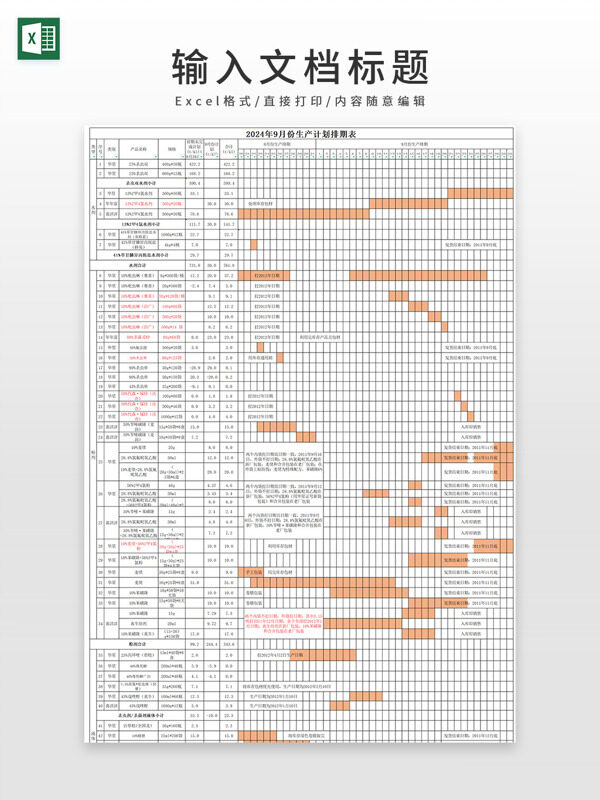 2024年9月份生产计划排期表EXCEL模板
